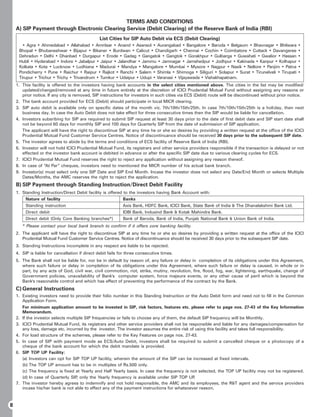 TERMS AND CONDITIONS
    A) SIP Payment through Electronic Clearing Service (Debit Clearing) of the Reserve Bank of India (RBI)
                                                List Cities for SIP Auto Debit via ECS (Debit Clearing)
       • Agra • Ahmedabad • Allahabad • Amritsar • Anand • Asansol • Aurangabad • Bangalore • Baroda • Belgaum • Bhavnagar • Bhilwara                  •
     Bhopal • Bhubaneshwar • Bijapur • Bikaner • Burdwan • Calicut • Chandigarh • Chennai • Cochin • Coimbatore • Cuttack • Davangeree                 •
     Dehradun • Delhi • Dhanbad • Durgapur • Erode • Gadag • Gangatok • Gangtok • Gorakhpur • Gulbarga • Guwahati • Gwalior • Hassan                   •
     Hubli • Hyderabad • Indore • Jabalpur • Jaipur • Jalandhar • Jammu • Jamnagar • Jamshedpur • Jodhpur • Kakinada • Kanpur • Kolhapur               •
     Kolkata • Kota • Lucknow • Ludhiana • Madurai • Mandya • Mangalore • Mumbai • Mysore • Nagpur • Nasik • Nellore • Panjim • Patna                  •
     Pondicherry • Pune • Raichur • Raipur • Rajkot • Ranchi • Salem • Shimla • Shimoga • Siliguri • Solapur • Surat • Tirunelveli • Tirupati          •
     Tirupur • Trichur • Trichy • Trivandrum • Tumkur • Udaipur • Udupi • Varanasi • Vijayawada • Vishakhapatnam.
    1. This facility is offered to the investors having bank accounts in the select cities mentioned above. The cities in the list may be modified/
       updated/changed/removed at any time in future entirely at the discretion of ICICI Prudential Mutual Fund without assigning any reasons or
       prior notice. If any city is removed, SIP instructions for investors in such cities via ECS (Debit) route will be discontinued without prior notice.
    2. The bank account provided for ECS (Debit) should participate in local MICR clearing.
    3. SIP auto debit is available only on specific dates of the month viz. 7th/10th/15th/25th. In case 7th/10th/15th/25th is a holiday, then next
       business day. In case the Auto Debit does not take effect for three consecutive times then the SIP would be liable for cancellation.
    4. Investors subsribing for SIP are required to submit SIP request at least 30 days prior to the date of first debit date and SIP start date shall
       not be beyond 60 days for monthly SIP and 100 days for Quarterly SIP from the date of submission of SIP application.
       The applicant will have the right to discontinue SIP at any time he or she so desires by providing a written request at the office of the ICICI
       Prudential Mutual Fund Customer Service Centres. Notice of discontinuance should be received 30 days prior to the subsequent SIP date.
    5. The investor agrees to abide by the terms and conditions of ECS facility of Reserve Bank of India (RBI).
    6. Investor will not hold ICICI Prudential Mutual Fund, its registrars and other service providers responsible if the transaction is delayed or not
       effected or the investor bank account is debited in advance or after the specific SIP date due to various clearing cycles for ECS.
    7. ICICI Prudential Mutual Fund reserves the right to reject any application without assigning any reason thereof.
    8. In case of “At Par” cheques, investors need to mentioned the MICR number of his actual bank branch.
    9. Investor(s) must select only one SIP Date and SIP End Month. Incase the investor does not select any Date/End Month or selects Multiple
       Dates/Months, the AMC reserves the right to reject the application.
    B) SIP Payment through Standing Instruction/Direct Debit Facility
    1. Standing Instruction/Direct Debit facility is offered to the investors having Bank Account with:
          Nature of facility                                 Banks
          Standing instruction                               Axis Bank, HDFC Bank, ICICI Bank, State Bank of India  The Dhanalakshmi Bank Ltd.
          Direct debit                                       IDBI Bank, Indusind Bank  Kotak Mahindra Bank.
          Direct debit (Only Core Banking branches*)         Bank of Baroda, Bank of India, Punjab National Bank  Union Bank of India.
         * Please contact your local bank branch to confirm if it offers core banking facility.
    2. The applicant will have the right to discontinue SIP at any time he or she so desires by providing a written request at the office of the ICICI
       Prudential Mutual Fund Customer Service Centres. Notice of discontinuance should be received 30 days prior to the subsequent SIP date.
    3. Standing Instructions incomplete in any respect are liable to be rejected.
    4. SIP is liable for cancellation if direct debit fails for three consecutive times.
    5. The Bank shall not be liable for, nor be in default by reason of, any failure or delay in completion of its obligations under this Agreement,
       where such failure or delay in completion of its obligations under this Agreement, where such failure or delay is caused, in whole or in
       part, by any acts of God, civil war, civil commotion, riot, strike, mutiny, revolution, fire, flood, fog, war, lightening, earthquake, change of
       Government policies, unavailability of Bank's computer system, force majeure events, or any other cause of peril which is beyond the
       Bank's reasonable control and which has effect of preventing the performance of the contract by the Bank.
    C) General Instructions
    1. Existing investors need to provide their folio number in this Standing Instruction or the Auto Debit form and need not to fill in the Common
       Application Form.
         For minimum application amount to be invested in SIP, risk factors, features etc. please refer to page nos. 27-43 of the Key Information
         Memorandum.
    2.   If the investor selects multiple SIP frequencies or fails to choose any of them, the default SIP frequency will be Monthly.
    3.   ICICI Prudential Mutual Fund, its registrars and other service providers shall not be responsible and liable for any damages/compensation for
         any loss, damage etc. incurred by the investor. The investor assumes the entire risk of using this facility and takes full responsibility.
    4.   For load structure of the schemes, please refer to the Key Features on page nos. 27-43.
    5.   In case of SIP with payment mode as ECS/Auto Debit, investors shall be required to submit a cancelled cheque or a photocopy of a
         cheque of the bank account for which the debit mandate is provided.
    6.   SIP TOP UP Facility:
         (a) Investors can opt for SIP TOP UP facility, wherein the amount of the SIP can be increased at fixed intervals.
         (b) The TOP UP amount has to be in multiples of Rs.500 only.
         (c) The frequency is fixed at Yearly and Half Yearly basis. In case the frequency is not selected, the TOP UP facility may not be registered.
         (d) In case of Quarterly SIP only the Yearly frequency is available under SIP TOP UP
                                      ,                                                          .
    7.   The investor hereby agrees to indemnify and not hold responsible, the AMC and its employees, the RT agent and the service providers
         incase his/her bank is not able to effect any of the payment instructions for whatsoever reason.



8
 