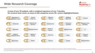 10
Wide Research Coverage
A team of over 20 analysts, with a combined experience of over 7 decades,
the research team covers as many as 620 companies across 20+ sectors (highlighted below).
Auto &
Auto Anc
Agriculture &
Agriculture Input
Cement
Building
Materials
Banks &
Finance
Commercial
Services
Chemicals
Consumer Non
Durables
Consumer
Durables
Construction
Hotels &
Leisure
Pharmaceuticals
Media &
Entertainment
IT
Capital Goods
Oil & Gas
Metals &
Mining
Power &
Utilities
Paper
Retail
Real Estate Transportation
Textiles
Telecom
Education
*The above mentioned sectors does not represent a list of exhaustive sectors. Research team includes Equity Research analysts across the business activities engaged by the AMC .
Note: Investment team shall be supported by the dealing team and common research team. These stocks / sectors may or may not form part of the portfolio in future and should not be construed as an investment advice
or a forecast of their expected future performance.
 