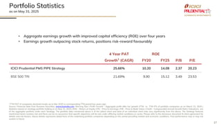 17
Portfolio Statistics
as on May 31, 2025
• Aggregate earnings growth with improved capital efficiency (ROE) over four years
• Earnings growth outpacing stock returns, positions risk-reward favourably
4 Year PAT ROE
Growth1
(CAGR) FY20 FY25 P/B P/E
ICICI Prudential PMS PIPE Strategy 25.66% 10.20 14.08 2.37 20.23
BSE 500 TRI 21.69% 9.90 15.12 3.49 23.53
1TTM PAT of companies declared results up to Mar 2025 vs corresponding TTM period four years ago
Source: Financial data from Nuvama Securities, www.bseindia.com, Morning Star | Profit Growth - Aggregate profit after tax growth (TTM vs TTM PY) of portfolio companies as on March 31, 2025 |
Statistics based on strategy portfolio holding as on May 31, 2025 | ROE – Return on Equity | P/E – Price to Earnings | P/B – Price to Book Value | CAGR – Compounded Annual Growth Rate | Valuations are
of the aggregate portfolio under each Strategy. The portfolio data mentioned above is of the oldest client and data of an individual client may vary significantly from the above. The Strategy features
mentioned herein involves risk and there can be no assurance that specific objectives will be met under differing market conditions or cycles. Please refer to the disclosure document & client agreement for
details and risk factors. Above details represents dated facts of the underlying portfolio companies depending on the varied prevailing market and economic conditions. Past performance may or may not
sustain in future.
 