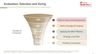 9
Evaluation, Selection and Sizing
The aforesaid factors/framework are only indicative. There may be other factors that may be relevant for identification/selection of stock depending upon the varied market conditions.
BMV – Business – Management – Valuation | *The number of companies is indicative and may increase or decrease based on the discretion of Investment Manager.
*Number of
Companies
Initial in-house screening process
Active coverage of company
Applying the BMV Filtration
Strategy Level Filter
Portfolio Construction
1
2
3
4
5
~ 570
~120-160
~40-45
~ 2500
~25-30
~ 620
~ 170-190
~ 40-45
~ 2500
~ 25-35
 