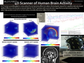 ECVThasbeensuccessfullyappliedtomonitoractivityofhumanbrainduringdifferentstimulations.Electricalsignalsmeasuredfromcapacitanceelectrodesshowed
significantdifferenceswhenthebrainisinrestandinhightask.TheECVTgeneratesrealtimeandvolumetricimageofthehumanbrainduringtheactivity.The
systemhelpsscientiststostudythehumanbrainactivity,andpossiblydetectabnormalitiesinthehumanbrain.
Electrical
signal
monitoring of
human brain
during
different
stimulations
Snapshot of real-time volumetric images of human brain
activity during stimulations
32-electrode Brain
Scanner ECVT Sensor
4D Scanner of Human Brain ActivityWORLD’S FIRST CTECH LABS EDWARTECHNOLOGY
 