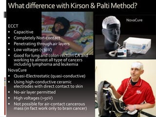 WhatdifferencewithKirson&PaltiMethod?
ECCT
 Capacitive
 Completely Non-contact
 Penetrating through air layers
 Low voltages (<30V)
 Good for lung and colon-rectum CA and
working to almost all type of cancers
including lymphoma and leukemia
NovaCure
 Quasi-Electrostatic (quasi-conductive)
 Using high-conductive ceramic
electrodes with direct contact to skin
 No-air layer permitted
 High voltages (>50V)
 Not possible for air-contact cancerous
mass (in fact work only to brain cancer)
NovaCure
 