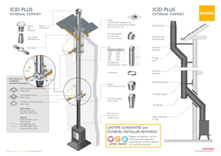 ICID PLUS
INTERNAL CHIMNEY
The most frequently
used bends are:
30˚ bend / 45˚ bend
Adjustable pipe
adjustable 50mm - 230mm
Adaptor
(Prima Smooth to ICID)
Prima Smooth,
Prima Plus or
vitreous enamel
SW-DW Adjustable
Starter section
Locking band
L1
L2
Pipe
L1(mm)
1500
1000
500
300
200
L2(mm)
1460
960
460
293
160
G50 Rectangular ventilated firestop
plate 1 piece
G50 Ventilated support
plate 1 piece
G50 Round ventilated firestop
plate 1 piece
Finish options:
Plain galvanised steel
Black RAL 9005 (matt)
Optional
Magnetic firestop cover
Finish options:
Plain galvanised steel
Black RAL 9005 (matt)
white RAL 9016 (matt)
50mm distance to
combustibles
ventilated firestop plates
Raincap
with
sparkguard
Also available
Taperedterminal
Roof support
Raincap
without mesh
Air
Shaft
Air
Visit www.schiedel.com/uk for more information Part of BMI GROUP
TaperTerminal
Structural
wall band
Structural
wall band
Structural wall
band extension
45 deg.
bend
Adjustabletop plate
Cantilever support
135 deg. tee
Mitred wall sleeve
45 deg.
Uniflash
Universal EPDM rubber/aluminium
flashing. Just pull the required diameter
tab on the rubber seal
ICID PLUS
EXTERNAL CHIMNEY
LIFETIME GUARANTEE and
SCHIEDEL INSTALLER REWARDS
Register an installation with our
online guarantee registration
portal and earn points to redeem
for Love2Shop vouchers!
 