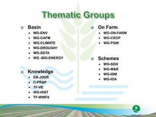  Basin
 WG-ENV
 WG-CAFM
 WG-CLIMATE
 WG-DROUGHT
 WG-SDTA
 WG -BIO-ENERGY
 Knowledge
 EB-JOUR
 C-PR&P
 TF-VE
 WG-HIST
 TF-WWF8
 On Farm
 WG-ON-FARM
 WG-CROP
 WG-PQW
 Schemes
 WG-SDG
 WG-M&R
 WG-IDM
 WG-IOA
 