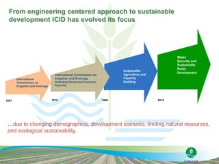 Water
Security and
Sustainable
Rural
Development
Sustainable
Agriculture and
Capacity
Building
International Commission on
Irrigation and Drainage
(Including Social and Economic
Aspects)
International
Commission on
Irrigation and Drainage
1951 1975 1996 2015
…due to changing demographics, development scenario, limiting natural resources,
and ecological sustainability.
 