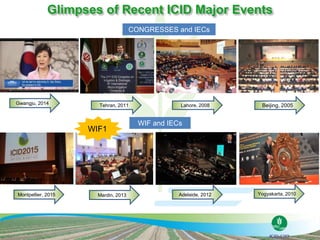 Glimpses of Recent ICID Major Events
CONGRESSES and IECs
WIF and IECs
Gwangju, 2014 Tehran, 2011 Lahore, 2008 Beijing, 2005
Mardin, 2013 Adelaide, 2012 Yogyakarta, 2010Montpellier, 2015
WIF1
 