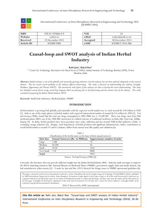 International Conference on Inter Disciplinary Research in Engineering and Technology 26
Cite this article as: Rahi Jain, Bakul Rao. “Causal-loop and SWOT analysis of Indian Herbal Industry”.
International Conference on Inter Disciplinary Research in Engineering and Technology (2016): 26-30.
Print.
International Conference on Inter Disciplinary Research in Engineering and Technology 2016
[ICIDRET 2016]
ISBN 978-81-929866-0-9 VOL 01
Website icidret.in eMail icidret@asdf.res.in
Received 19-December-2015 Accepted 30-December-2015
Article ID ICIDRET006 eAID ICIDRET.2016.006
Causal-loop and SWOT analysis of Indian Herbal
Industry
Rahi Jain1
, Bakul Rao2
1, 2
Centre for Technology Alternatives for Rural Areas (CTARA), Indian Institute of Technology Bombay (IITB), Powai
Mumbai, India
Abstract: Herbal industry is one of the globally and nationally growing industries, but this industry has not been explored adequately in the research
domain. This has raised certain problems in the industry effective functioning. This study is focussed on understanding this industry Strength,
Weakness, Opportunity and Threats (SWOT). The interactions with experts of this industry are done to develop this sector understanding. This study
has identified various factors using causal loop diagram which are playing role in the functioning and the current state of the industry. This study
concludes by proposing the Indian Herbal Industry SWOT.
Keywords: Small-Scale Industries, Medicinal plant, NMMP.
INTRODUCTION
Herbal industry is growing both globally and nationally with the expected world market size to reach around Rs 334 trillion in 2050
[1]. India is one of the major players in herbal market with expected nutraceutical market of around Rs 0.4 trillion by 2020 [2]. Ved
and Goraya (2008), found that the total raw drug consumption in 2005-2006 was 3, 19,500 MT. These raw drugs came from 960
medicinal plants (MPs) out of the 2400 MPs mentioned in codified systems of traditional medicines in India (like Ayurveda, Siddha,
Unani) [3]. In India, herbal products have been prevalent since many millennia and has around 9500 herbal industries (Table 1)
excluding cottage industries [3]. Despite, such long history of herbal products and significant industrial base, India’s contribution in
world herbal market is around 1% and it’s industry suffers from various issue like quality and validation [4].
Table 1
Classification of the herbal units on the basis of their annual turnover
Unit Size Annual Turnover (Rs. in Million) Approximate number of units
Large >500 14
Medium 50-500 36
Small 10-50 1443
Very Small <10 8000
Total 9493
Source: Ved and Goraya (2008) [3]
Currently, the literature does not provide sufficient insight into the Indian Herbal Industry (IHI). India has made attempts to improve
the IHI by launching initiatives like National Mission on Medicinal Plants (NMMP), government supply chain and amala mission, but
had unsatisfactory achievements [5]. A study by Jain and Rao (2015) showed the design issues in NMMP operational guidelines [6].
This paper is prepared exclusively for International Conference on Inter Disciplinary Research in Engineering and Technology 2016 [ICIDRET] which is published
by ASDF International, Registered in London, United Kingdom. Permission to make digital or hard copies of part or all of this work for personal or classroom use
is granted without fee provided that copies are not made or distributed for profit or commercial advantage, and that copies bear this notice and the full citation on
the first page. Copyrights for third-party components of this work must be honoured. For all other uses, contact the owner/author(s). Copyright Holder can be
reached at copy@asdf.international for distribution.
2016 © Reserved by ASDF.international
 