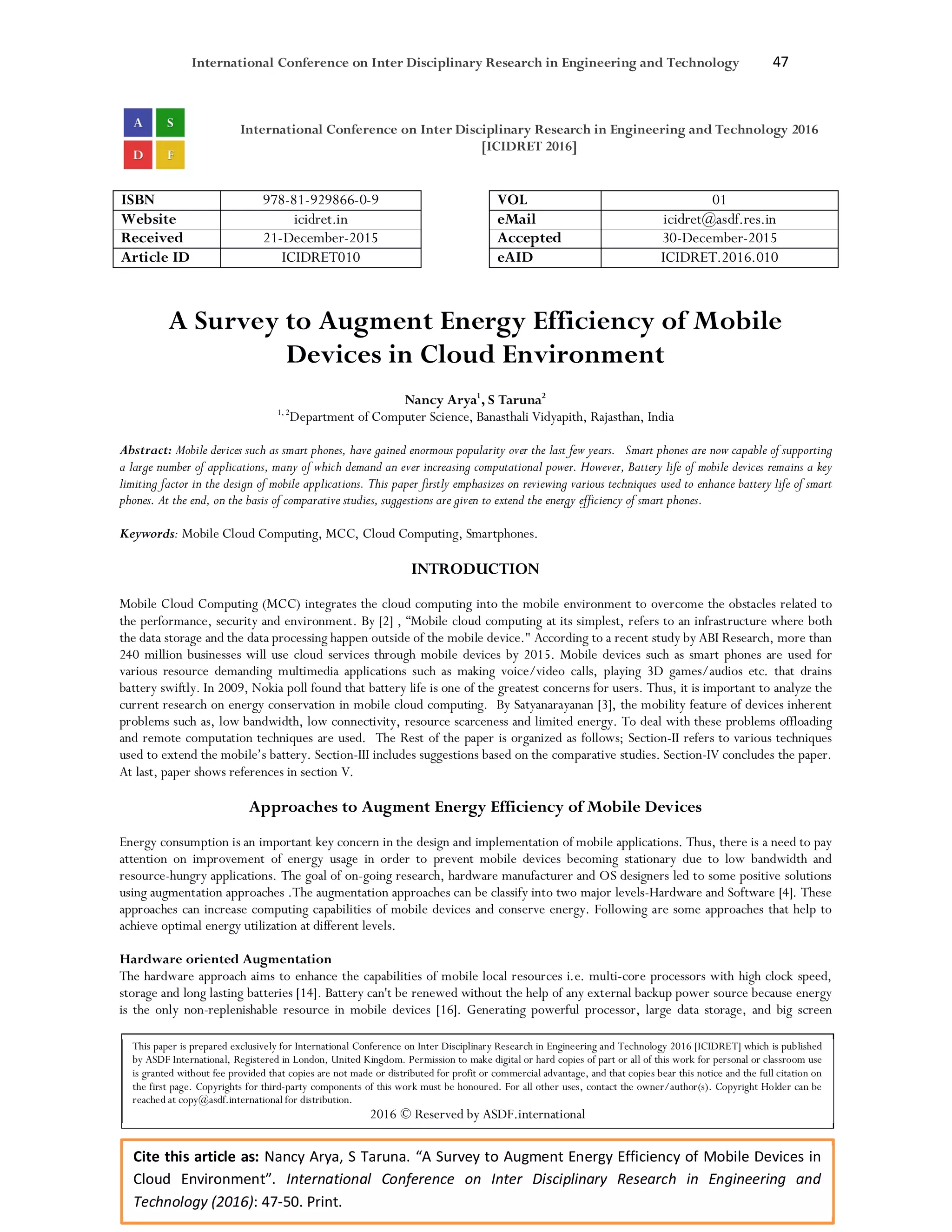 A Survey to Augment Energy Efficiency of Mobile Devices in Cloud ...
