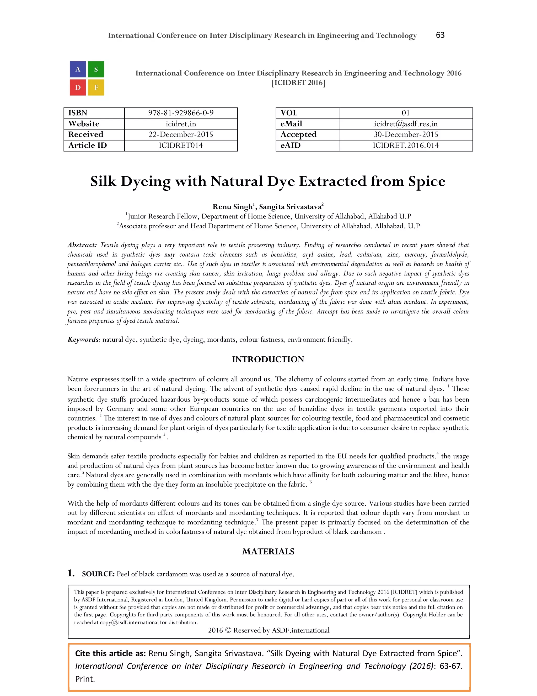 Silk Dyeing with Natural Dye Extracted from Spice | PDF