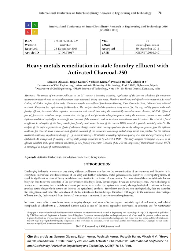 Heavy metals remediation in stale foundry effluent with Activated