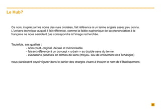 Ce nom, inspiré par les noms des rues croisées, fait référence à un terme anglais assez peu connu. L’univers technique auquel il fait référence, comme la faible euphonique de sa prononciation à la française ne nous semblent pas correspondre à l’image recherchée.   Toutefois, ses qualités :  - nom court, original, décalé et mémorisable - faisant référence à un concept « urbain » au double sens du terme - évocations positives en termes de sens (moyeu, lieu de croisement et d’échanges) nous paraissent devoir figurer dans le cahier des charges visant à trouver le nom de l’établissement.   Le Hub?  