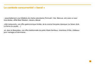 - essentiellement une hôtellerie de chaîne abondante (Formule1, Ibis, Mercure, etc) avec un seul trois étoiles, affilié Best Western, devenu désuet côté restaurants, une offre gastronomique limitée, de la cuisine française classique (Le faisan doré, La ferme du poulet,…)  et, dans le Beaujolais, une offre traditionnelle de petits hôtels familiaux, chambres d’hôte, châteaux pour mariages et séminaires…  Le contexte concurrentiel   « banal » 