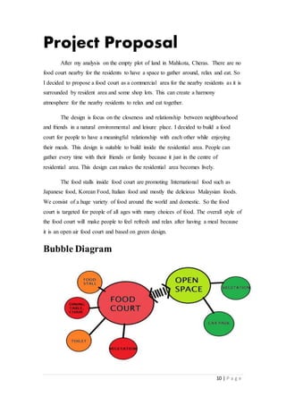 10 | P a g e
Project Proposal
After my analysis on the empty plot of land in Mahkota, Cheras. There are no
food court nearby for the residents to have a space to gather around, relax and eat. So
I decided to propose a food court as a commercial area for the nearby residents as it is
surrounded by resident area and some shop lots. This can create a harmony
atmosphere for the nearby residents to relax and eat together.
The design is focus on the closeness and relationship between neighbourhood
and friends in a natural environmental and leisure place. I decided to build a food
court for people to have a meaningful relationship with each other while enjoying
their meals. This design is suitable to build inside the residential area. People can
gather every time with their friends or family because it just in the centre of
residential area. This design can makes the residential area becomes lively.
The food stalls inside food court are promoting International food such as
Japanese food, Korean Food, Italian food and mostly the delicious Malaysian foods.
We consist of a huge variety of food around the world and domestic. So the food
court is targeted for people of all ages with many choices of food. The overall style of
the food court will make people to feel refresh and relax after having a meal because
it is an open air food court and based on green design.
Bubble Diagram
 