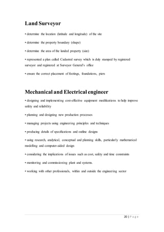 20 | P a g e
Land Surveyor
• determine the location (latitude and longitude) of the site
• determine the property boundary (shape)
• determine the area of the landed property (size)
• represented a plan called Cadastral survey which is duly stamped by registered
surveyor and registered at Surveyor General’s office
• ensure the correct placement of footings, foundations, piers
Mechanical and Electrical engineer
• designing and implementing cost-effective equipment modiﬁcations to help improve
safety and reliability
• planning and designing new production processes
• managing projects using engineering principles and techniques
• producing details of speciﬁcations and outline designs
• using research, analytical, conceptual and planning skills, particularly mathematical
modelling and computer-aided design
• considering the implications of issues such as cost, safety and time constraints
• monitoring and commissioning plant and systems.
• working with other professionals, within and outside the engineering sector
 