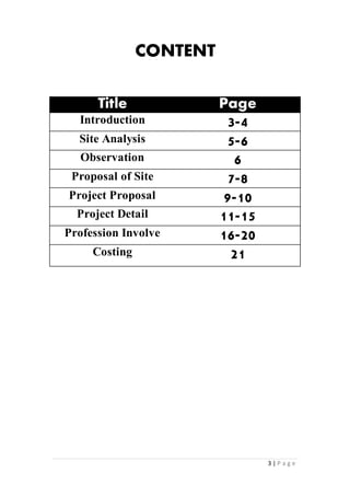 3 | P a g e
CONTENT
Title Page
Introduction 3-4
Site Analysis 5-6
Observation 6
Proposal of Site 7-8
Project Proposal 9-10
Project Detail 11-15
Profession Involve 16-20
Costing 21
 
