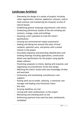 34 | P a g e
Landscape Architect
- Overseeing the design of a variety of projects including
urban regeneration schemes, pedestrian schemes, road or
retail schemes and maintaining the character of sites of
natural beauty
- Establishing general landscape requirements with clients
- Conducting preliminary studies of the site including soil,
contours, ecology, roads and buildings
- Assessing a site’s potential to meet the client’s
specifications
- Carrying out environmental impact assessments
- Seeking and taking into account the views of local
residents, potential users, and parties with a vested
interest in the project
- Accurately preparing and presenting detailed plans and
working drawings including applications, construction
details and specifications for the project using specific
design software
- Presenting proposals to clients, dealing with enquiries and
negotiating any amendments to the final design
- Matching the client’s wishes with your knowledge of what
will work best
- Contracting and coordinating manufacturers and
suppliers
- Putting work out to tender, selecting a contractor and
manager and leading cross-functional teams
- Site visits
- Ensuring deadlines are met
- Liaising with other professionals on the project
- Monitoring and checking work on-site
- Authorizing payment once work has been satisfactorily
completed
 