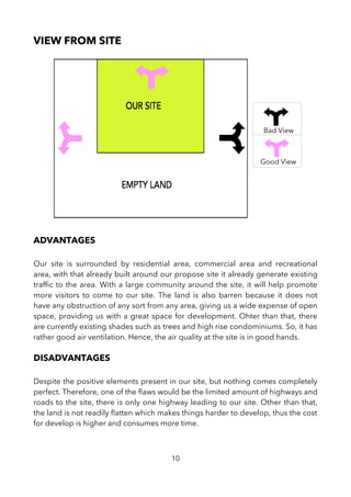 VIEW FROM SITE
ADVANTAGES
Our site is surrounded by residential area, commercial area and recreational
area, with that already built around our propose site it already generate existing
traffc to the area. With a large community around the site, it will help promote
more visitors to come to our site. The land is also barren because it does not
have any obstruction of any sort from any area, giving us a wide expense of open
space, providing us with a great space for development. Ohter than that, there
are currently existing shades such as trees and high rise condominiums. So, it has
rather good air ventilation. Hence, the air quality at the site is in good hands.
DISADVANTAGES
Despite the positive elements present in our site, but nothing comes completely
perfect. Therefore, one of the faws would be the limited amount of highways and
roads to the site, there is only one highway leading to our site. Other than that,
the land is not readily fatten which makes things harder to develop, thus the cost
for develop is higher and consumes more time.
10
Bad View
Good View
 