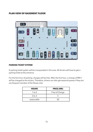 PLAN VIEW OF BASEMENT FLOOR
PARKING TICKET SYSTEM
A parking ticket system will be incorporated in this area. All drivers will have to get a
parking ticket at the entrance.
For the frst hour of parking, charges will be free. After the frst hour, a charge of RM 5
will be charged to the drivers. Therefore, drivers can also get seasonal passes if they are
are frequent member of the ftness club.
HOURS PRICE (RM)
1 to 2 Free of Charge
2 to 3 5
seasonable 50
15
 