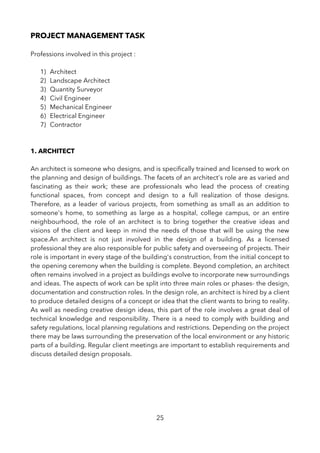 PROJECT MANAGEMENT TASK
Professions involved in this project :
1) Architect
2) Landscape Architect
3) Quantity Surveyor
4) Civil Engineer
5) Mechanical Engineer
6) Electrical Engineer
7) Contractor
1. ARCHITECT
An architect is someone who designs, and is specifcally trained and licensed to work on
the planning and design of buildings. The facets of an architect's role are as varied and
fascinating as their work; these are professionals who lead the process of creating
functional spaces, from concept and design to a full realization of those designs.
Therefore, as a leader of various projects, from something as small as an addition to
someone's home, to something as large as a hospital, college campus, or an entire
neighbourhood, the role of an architect is to bring together the creative ideas and
visions of the client and keep in mind the needs of those that will be using the new
space.An architect is not just involved in the design of a building. As a licensed
professional they are also responsible for public safety and overseeing of projects. Their
role is important in every stage of the building's construction, from the initial concept to
the opening ceremony when the building is complete. Beyond completion, an architect
often remains involved in a project as buildings evolve to incorporate new surroundings
and ideas. The aspects of work can be split into three main roles or phases- the design,
documentation and construction roles. In the design role, an architect is hired by a client
to produce detailed designs of a concept or idea that the client wants to bring to reality.
As well as needing creative design ideas, this part of the role involves a great deal of
technical knowledge and responsibility. There is a need to comply with building and
safety regulations, local planning regulations and restrictions. Depending on the project
there may be laws surrounding the preservation of the local environment or any historic
parts of a building. Regular client meetings are important to establish requirements and
discuss detailed design proposals.
25
 