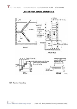ICI | Final Project | Construction Proposal Report | CHIN KHANG WEI | WONG QIN KAI
14 | P a g e
School of Architecture • Building • Design | FNBE AUG 2014 | Taylor’s University Lakeside Campus
Construction details of staircase.
 