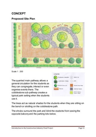 Introduction to the Construction Industry Final Project Page 11
CONCEPT
Proposed Site Plan
Scale 1 : 200
The quarried main pathway allows a
general circulation for the students as
they can congregate,interact or even
organise events there. The
cobblestone sub-pathway creates a
typical park setting when the students
use it.
The trees act as natural shades for the students when they are sitting on
the bench or strolling on the cobblestone path.
The shrubs surround the park and blind the students from seeing the
opposite balconyand the parking lots below.
 