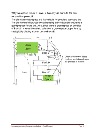 Introduction to the Construction Industry Final Project Page 9
Why we chose Block E, level 2 balcony as our site for this
renovation project?
The site is an empty space and is available for people to access to site.
The site is currently purposeless and being a recreation site would be a
good purpose forthe site. Also, since there is green space on one side
of Block C, it would be wise to balance the green space proportions by
strategically placing another beside BlockE.
Block C
Block D
Block E
Green space/Public space
locations are balanced when
our proposal is realised.
Lake
Green
Space
Green
Space
 