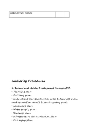 CORRECTION TOTAL
Authority Procedures
1. Submit and obtain Development through OSC
• Planning plan
• Building plan
• Engineering plan (earthwork, road & drainage plan,
road excavation permit & street lighting plan)
• Landscape plan
• Water supply plan
• Sewerage plan
• Infrastructure communication plan
• Fire safety plan
 