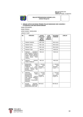  
	
  
	
  	
  	
  	
  	
  	
  	
  	
  	
  	
  	
  	
  	
  	
  	
  	
  	
  	
  	
  	
  	
  	
  	
  	
  	
  	
  	
  	
  	
  	
  	
  	
  	
  	
  	
  	
  	
  	
  	
  	
  	
  	
  	
  	
  	
  	
  	
  	
  	
  	
  	
  	
  	
  	
  	
  	
  	
  	
  	
  	
  	
  	
  	
  	
  	
  	
  	
  	
  	
  	
  	
  	
  	
  	
  	
  	
  	
  	
  	
  	
  	
  	
  	
  	
  	
  	
  	
  	
  	
  	
  	
  	
  	
  	
  	
  	
  	
  	
  	
  	
  	
  	
  	
  	
  	
  	
  	
  	
  	
  	
  	
  	
  	
  	
  	
  	
  	
  	
  	
  	
  	
  	
  	
  	
  	
  	
  	
  	
  	
  	
  	
  	
  	
  	
  	
  	
  	
  	
  	
  	
  	
  	
  	
  	
  	
  	
  	
  	
  	
  	
  	
  	
  30	
  
	
  
	
  
	
  
	
  
	
  
	
  
	
  
	
  
	
  
	
  
	
  
	
  
	
  
	
  
	
  
	
  
	
  
	
  
	
  
	
  
	
  
	
  
	
  
	
  
	
  
	
  
	
  
	
  
	
  
	
  
	
  
	
  
	
  
	
  
	
  
	
  
	
  
	
  
	
  
	
  
	
  
	
  
	
  
	
  
	
  
	
  
	
  
	
  
	
  
1. KIRAAN UNTUK BAYARAN PROSES PELAN BANGUNAN DAN CAGARAN /
FI PENDAHULUAN SISA BAHAN BINAAN
NAMA PERUNDING :
NAMA PEMILIK :
JENIS RUMAH / BANGUNAN : .
JUMLAH YUNIT : .
BIL PERKARA KADAR
BAGI TIAP
- TIAP 9
METER
PERSEGI
LUAS
LANTAI
( METER
PERSEGI )
BAYARAN
MINIMUM
JUMLAH
1. TINGKAT BAWAH RM 14.00 RM 140.00
2. TINGKAT SATU RM 12.00 RM 120.00
3. TINGKAT DUA RM 10.00 RM 100.00
4. TINGKAT TIGA RM 8.00 RM 80.00
5. TINGKAT KEEMPAT
DAN TINGKAT ATASNYA
ATAU TINGKAT BAWAH
TANAH ( Selain Daripada
Tingkat Bawah Tanah
Terbuka ).
RM 6.00 RM 60.00
6. TINGKAT BAWAH
TANAH TERBUKA
RM 3.00 RM 30.00
7. BANGUNAN YANG
MEMPUNYAI SISI
TERBUKA ( Teres,
Langkan, Anjung Kereta,
Bangsal Terbuka Dan
Seumpamanya ).
½ daripada
fi yang
ditetapkan
di para 1 - 6
½ daripada
fi yang
ditetapkan
di para 1 - 6
8. PINDAAN PELAN
KELULUSAN YANG
MELIBATKAN
SUSUNATUR LANTAI
DAN PECAH DINDING
DALAMAN (Tidak
Melibatkan Pertambahan
Keluasan)
½ daripada
fi yang
ditetapkan
di para 1-6
½ daripada
fi yang
ditetapkan
di para 1-6
9. KOLAM RENANG,
DERMAGA, JAMBATAN
BANGUNAN KHAS LAIN
RM 50.00 RM 500.00
MAJLIS PERBANDARAN SUBANG JAYA
Jabatan Bangunan
MPSJ.RK.KPT(OSC)-07/01
PINDAAN : 03
TARIKH KUATKUASA : 01 OGOS 2014
 