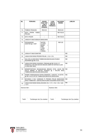  
	
  
	
  	
  	
  	
  	
  	
  	
  	
  	
  	
  	
  	
  	
  	
  	
  	
  	
  	
  	
  	
  	
  	
  	
  	
  	
  	
  	
  	
  	
  	
  	
  	
  	
  	
  	
  	
  	
  	
  	
  	
  	
  	
  	
  	
  	
  	
  	
  	
  	
  	
  	
  	
  	
  	
  	
  	
  	
  	
  	
  	
  	
  	
  	
  	
  	
  	
  	
  	
  	
  	
  	
  	
  	
  	
  	
  	
  	
  	
  	
  	
  	
  	
  	
  	
  	
  	
  	
  	
  	
  	
  	
  	
  	
  	
  	
  	
  	
  	
  	
  	
  	
  	
  	
  	
  	
  	
  	
  	
  	
  	
  	
  	
  	
  	
  	
  	
  	
  	
  	
  	
  	
  	
  	
  	
  	
  	
  	
  	
  	
  	
  	
  	
  	
  	
  	
  	
  	
  	
  	
  	
  	
  	
  	
  	
  	
  	
  	
  	
  	
  	
  	
  	
  31	
  
	
  
	
  
	
  
	
  
	
  
	
  
	
  
	
  
BIL PERKARA KADAR
BAGI TIAP
- TIAP 9
METER
PERSEGI
LUAS
LANTAI
( METER
PERSEGI )
BAYARAN
MINIMA
JUMLAH
10. TEMBOK PENAHAN RM 6.00 RM 60.00
11. SATU PAPAN TANDA
PROJEK
RM 100.00
12. SATU PAGAR - - RM 100.00
13. JUMLAH FI BAGI SEBUAH BANGUNAN
14. PEPASANGAN
SANITARI @ 1 UNIT
WATER
CLOSET
BASIN /
SINK
‘LONG
BATH’ /
‘URINAL’
RM 5.00
15. JUMLAH FI BAGI SANITARI RM
16. JUMLAH BAYARAN PROSES PELAN – (13) + (15) RM
17.
SIJIL KELULUSAN BAGI TAMBAHAN/UBAHSUAIAN RUMAH
KEDIAMAN @ RM 10.00
RM
18. JUMLAH BAYARAN CAGARAN / PINDAAN @ RM 120.00 / FI
PENDAHULUAN SISA BAHAN BINAAN (DIBAYAR KEPADA ALAM
FLORA SDN. BHD)
RM
19. MENDEPOSITKAN BAHAN-BAHAN BINAAN ATAS JALAN RM
360.00 MINIMA (9 METER PERSEGI @ 1 BULAN) BAGI
TAMBAHAN/UBAHSUAIAN BANGUNAN
RM
20. PERMIT PEMASANGAN PAPAN DENDENG / KANVAS / PLASTIK /
@ RM 150.00 UNTUK TAMBAHAN/UBAHSUAI BANGUNAN
RM
21. BAYARAN 9 KALI GANDAAN FI PROSES PELAN BANGUNAN
(BAGI TAMBAHAN / UBAHSUAIAN RUMAH KEDIAMAN SEDIA ADA)
RM
22. JUMLAH BAYARAN KESELURUHAN (16) + (17) + (18) + (19) + (20)
+ (21)
RM
Disemak Oleh : Disahkan Oleh :
. . . .
Tarikh Tandatangan dan Cop Jawatan Tarikh Tandatangan dan Cop Jawatan
 