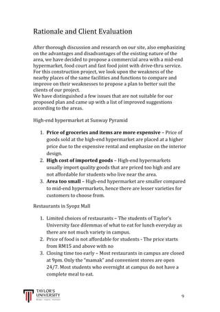  
	
  
	
  	
  	
  	
  	
  	
  	
  	
  	
  	
  	
  	
  	
  	
  	
  	
  	
  	
  	
  	
  	
  	
  	
  	
  	
  	
  	
  	
  	
  	
  	
  	
  	
  	
  	
  	
  	
  	
  	
  	
  	
  	
  	
  	
  	
  	
  	
  	
  	
  	
  	
  	
  	
  	
  	
  	
  	
  	
  	
  	
  	
  	
  	
  	
  	
  	
  	
  	
  	
  	
  	
  	
  	
  	
  	
  	
  	
  	
  	
  	
  	
  	
  	
  	
  	
  	
  	
  	
  	
  	
  	
  	
  	
  	
  	
  	
  	
  	
  	
  	
  	
  	
  	
  	
  	
  	
  	
  	
  	
  	
  	
  	
  	
  	
  	
  	
  	
  	
  	
  	
  	
  	
  	
  	
  	
  	
  	
  	
  	
  	
  	
  	
  	
  	
  	
  	
  	
  	
  	
  	
  	
  	
  	
  	
  	
  	
  	
  	
  	
  	
  	
  	
  9	
  
Rationale	
  and	
  Client	
  Evaluation	
  
	
  
After	
  thorough	
  discussion	
  and	
  research	
  on	
  our	
  site,	
  also	
  emphasizing	
  
on	
  the	
  advantages	
  and	
  disadvantages	
  of	
  the	
  existing	
  nature	
  of	
  the	
  
area,	
  we	
  have	
  decided	
  to	
  propose	
  a	
  commercial	
  area	
  with	
  a	
  mid-­‐end	
  
hypermarket,	
  food	
  court	
  and	
  fast	
  food	
  joint	
  with	
  drive-­‐thru	
  service.	
  
For	
  this	
  construction	
  project,	
  we	
  look	
  upon	
  the	
  weakness	
  of	
  the	
  
nearby	
  places	
  of	
  the	
  same	
  facilities	
  and	
  functions	
  to	
  compare	
  and	
  
improve	
  on	
  their	
  weaknesses	
  to	
  propose	
  a	
  plan	
  to	
  better	
  suit	
  the	
  
clients	
  of	
  our	
  project.	
  
We	
  have	
  distinguished	
  a	
  few	
  issues	
  that	
  are	
  not	
  suitable	
  for	
  our	
  
proposed	
  plan	
  and	
  came	
  up	
  with	
  a	
  list	
  of	
  improved	
  suggestions	
  
according	
  to	
  the	
  areas.	
  
	
  
High-­‐end	
  hypermarket	
  at	
  Sunway	
  Pyramid	
  	
  
	
  
1. Price	
  of	
  groceries	
  and	
  items	
  are	
  more	
  expensive	
  –	
  Price	
  of	
  
goods	
  sold	
  at	
  the	
  high-­‐end	
  hypermarket	
  are	
  placed	
  at	
  a	
  higher	
  
price	
  due	
  to	
  the	
  expensive	
  rental	
  and	
  emphasize	
  on	
  the	
  interior	
  
design.	
  
2. High	
  cost	
  of	
  imported	
  goods	
  –	
  High-­‐end	
  hypermarkets	
  
usually	
  import	
  quality	
  goods	
  that	
  are	
  priced	
  too	
  high	
  and	
  are	
  
not	
  affordable	
  for	
  students	
  who	
  live	
  near	
  the	
  area.	
  
3. Area	
  too	
  small	
  –	
  High-­‐end	
  hypermarket	
  are	
  smaller	
  compared	
  
to	
  mid-­‐end	
  hypermarkets,	
  hence	
  there	
  are	
  lesser	
  varieties	
  for	
  
customers	
  to	
  choose	
  from.	
  
Restaurants	
  in	
  Syopz	
  Mall	
  
	
  
1. Limited	
  choices	
  of	
  restaurants	
  –	
  The	
  students	
  of	
  Taylor’s	
  
University	
  face	
  dilemmas	
  of	
  what	
  to	
  eat	
  for	
  lunch	
  everyday	
  as	
  
there	
  are	
  not	
  much	
  variety	
  in	
  campus.	
  
2. Price	
  of	
  food	
  is	
  not	
  affordable	
  for	
  students	
  -­‐	
  The	
  price	
  starts	
  
from	
  RM15	
  and	
  above	
  with	
  no	
  
3. Closing	
  time	
  too	
  early	
  –	
  Most	
  restaurants	
  in	
  campus	
  are	
  closed	
  
at	
  9pm.	
  Only	
  the	
  “mamak”	
  and	
  convenient	
  stores	
  are	
  open	
  
24/7.	
  Most	
  students	
  who	
  overnight	
  at	
  campus	
  do	
  not	
  have	
  a	
  
complete	
  meal	
  to	
  eat.	
  
 