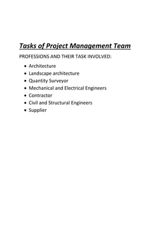 Tasks of Project Management Team
PROFESSIONS AND THEIR TASK INVOLVED:
 Architecture
 Landscape architecture
 Quantity Surveyor
 Mechanical and Electrical Engineers
 Contractor
 Civil and Structural Engineers
 Supplier
 