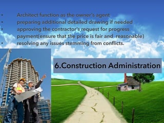 6.Construction Administration
• Architect function as the owner’s agent
• preparing additional detailed drawing if needed
• approving the contractor’s request for progress
payment(ensure that the price is fair and reasonable)
• resolving any issues stemming from conflicts.
 