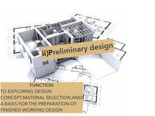 ii)Preliminary design
FUNCTION
TO EXPLORING DESIGN
CONCEPT,MATERIAL SELECTION,AND
A BASIS FOR THE PREPARATION OF
FINISHED WORKING DESIGN
 