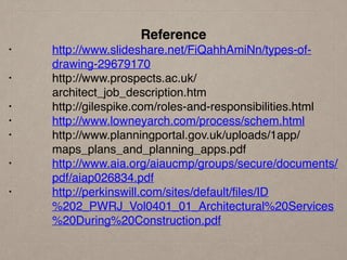 Reference
• http://www.slideshare.net/FiQahhAmiNn/types-of-
drawing-29679170
• http://www.prospects.ac.uk/
architect_job_description.htm
• http://gilespike.com/roles-and-responsibilities.html
• http://www.lowneyarch.com/process/schem.html
• http://www.planningportal.gov.uk/uploads/1app/
maps_plans_and_planning_apps.pdf
• http://www.aia.org/aiaucmp/groups/secure/documents/
pdf/aiap026834.pdf
• http://perkinswill.com/sites/default/files/ID
%202_PWRJ_Vol0401_01_Architectural%20Services
%20During%20Construction.pdf
 
