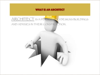 what is an architect
ARCHITECT IS A PERSON WHO DESIGNS BUILDINGS
AND ADVISES IN THEIR CONSTRUCTION.
 