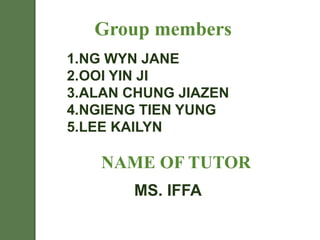 Group members 
1.NG WYN JANE 
2.OOI YIN JI 
3.ALAN CHUNG JIAZEN 
4.NGIENG TIEN YUNG 
5.LEE KAILYN 
NAME OF TUTOR 
MS. IFFA 
 