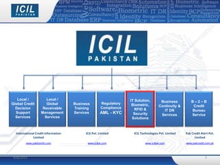Local /            Local /                                      IT Solution,        Business           B–2–B
Global Credit         Global         Business         Regulatory    Biometric,        Continuity &         Credit
  Decision          Receivable       Training         Compliance      RFID &             IT DR            Bureau
  Support          Management        Services        AML - KYC       Security          Services           Service
  Services           Services                                       Solutions



  International Credit Information         ICIL Pvt. Limited         ICIL Technologies Pvt. Limited   Pak Credit Alert Pvt.
              Limited                                                                                       Limited
         www.pakbizinfo.com                 www.icilpk.com                  www.iciltek.com           www.pakcredit.com.pk




 4/8/2012                                                                                                           3
 