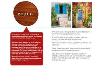 They also resolve design and development problems,
other than managing project resources.
They hold a big responsibility in making sure the
project complies with legal requirements.
They also schedule material, equipment purchases and
deliveries.
More things to consider, they assess the sustainability
and environmental impact of projects.
Also, they ensure that their projects would run
smoothly and structures are completed within budget
and on time, though in a smaller scale compared to
Quantity Surveyor.
PROJECTS
Basically we usually focus on individual
bungalows and shop lot ofﬁces. We built 60
units of shop lots in Sungai Long. 
We don’t focus projects as we’re more to
building houses and shop lots to work
towards the direction of becoming a
developer and to be on the safe side, as in
not worrying about the big sum of modal
investment. As for the other project, we are
planning to build 36 units of bungalows and
semi-D in Pandan Indah, Ampang.
My role in these 2 projects are mainly
supervising my employers and thoroughly
inspecting the progress.
 
