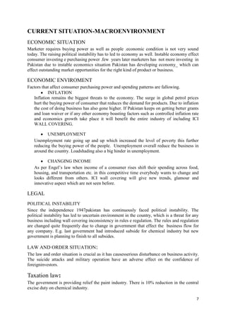 CURRENT SITUATION-MACROENVIRONMENT
ECONOMIC SITUATION
Marketer requires buying power as well as people .economic condition is not very sound
today. The raising political instability has to led to economy as well. Instable economy effect
consumer investing e purchasing power .few years later marketers has not more investing in
Pakistan due to instable economics situation Pakistan has developing economy_ which can
effect outstanding market opportunities for the right kind of product or business.

ECONOMIC ENVIROMENT
Factors that affect consumer purchasing power and spending patterns are fallowing.
           INFLATION
   Inflation remains the biggest threats to the economy. The surge in global petrol prices
   hurt the buying power of consumer that reduces the demand for products. Due to inflation
   the cost of doing business has also gone higher. If Pakistan keeps on getting better grants
   and loan waiver or if any other economy boasting factors such as controlled inflation rate
   and economics growth take place it will benefit the entire industry of including ICI
   WALL COVERING.

          UNEMPLOYMENT
   Unemployment rate going up and up which increased the level of poverty this further
   reducing the buying power of the people. Unemployment overall reduce the business in
   around the country. Loadshading also a big hinder in unemployment.

          CHANGING INCOME
   As per Engel’s law when income of a consumer rises shift their spending across food,
   housing, and transportation etc. in this competitive time everybody wants to change and
   looks different from others. ICI wall covering will give new trends, glamour and
   innovative aspect which are not seen before.

LEGAL
POLITICAL INSTABILITY
Since the independence 1947pakistan has continuously faced political instability. The
political instability has led to uncertain environment in the country, which is a threat for any
business including wall covering inconsistency in rules e regulation. The rules and regulation
are changed quite frequently due to change in government that effect the business flow for
any company. E.g. last government had introduced subside for chemical industry but new
government is planning to finish to all subsides.

LAW AND ORDER SITUATION:
The law and order situation is crucial as it has causesserious disturbance on business activity.
The suicide attacks and military operation have an adverse effect on the confidence of
foreigninvestors.

Taxation law:
The government is providing relief the paint industry. There is 10% reduction in the central
excise duty on chemical industry.

                                                                                              7
 