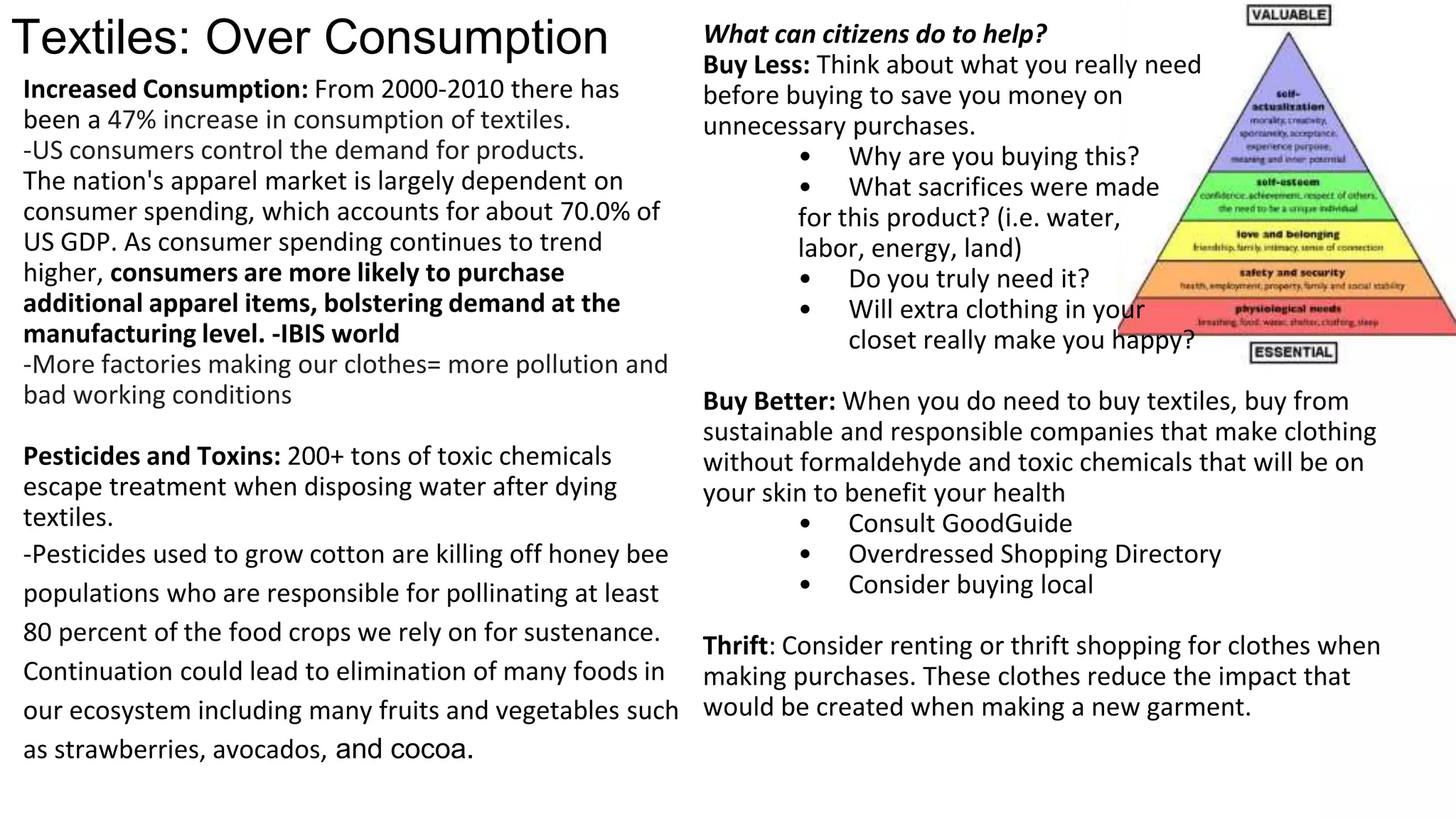 Textiles: Over Consumption
Increased Consumption: From 2000-2010 there has been
a 47% increase in consumption of textiles.
The nation's apparel market is largely dependent on
consumer spending, about 70.0% of US GDP. As
consumer spending continues to trend higher, consumers
are more likely to purchase additional apparel items,
bolstering demand at the manufacturing level. -IBIS
world
Pesticides and Toxins: 200+ tons of toxic chemicals
escape treatment when disposing water after dying
textiles.
Pesticides used to grow cotton are killing off honey bee
populations who are responsible for pollinating at least
80 % of the food crops we rely on for sustenance.
Continuation could lead to elimination of many foods in
our ecosystem including many fruits and vegetables such
as strawberries, avocados, and cocoa.
What can you do to make an impact?
Buy Less: Think about what you really need
before buying to save resources and save you
money on unnecessary purchases. Ask yourself:
oWhy are you buying this?
oWill it make you happy?
o Do you really need it?
oWhat sacrifices were made for this product
Buy Better: When you do need to buy textiles, buy from
sustainable and responsible companies that make clothing without
formaldehyde and toxic chemicals that will be on your skin to
benefit your health
oConsult GoodGuide
oOverdressed Shopping Directory
oConsider buying local
oExperience Economy
Thrift: Consider renting or thrift shopping for clothes when making
purchases. These clothes reduce the impact that would be created
when making a new garment.
 