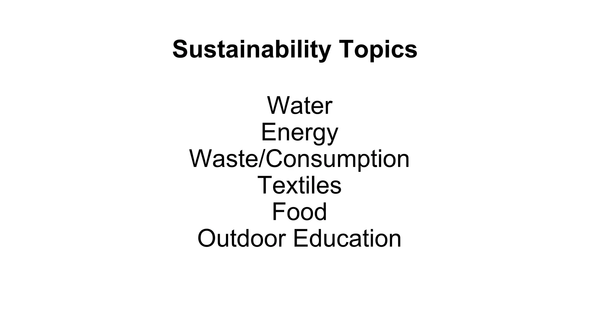 Sustainability
Topics
Water
Energy
Waste &
Consumption
Textiles
Food
Outdoor
Education
 
