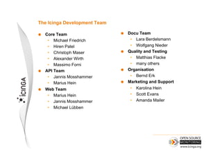 The Icinga Development Team

    Core Team                    Docu Team
      •  Michael Friedrich          •  Lara Berdelsmann
      •  Hiren Patel                •  Wolfgang Nieder
      •  Christoph Maser          Quality and Testing
      •  Alexander Wirth            •  Matthias Flacke
      •  Massimo Forni              •  many others
    API Team                     Organisation
      •  Jannis Mosshammer          •  Bernd Erk
      •  Marius Hein              Marketing and Support
    Web Team                       •  Karolina Hein
      •  Marius Hein                •  Scott Evans
      •  Jannis Mosshammer          •  Amanda Mailer
      •  Michael Lübben
 