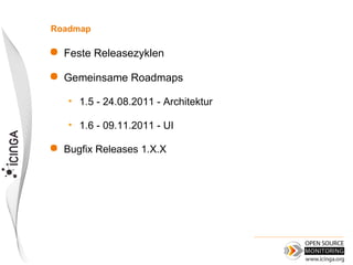Roadmap

   Feste Releasezyklen

   Gemeinsame Roadmaps

    • 1.5 - 24.08.2011 - Architektur

    • 1.6 - 09.11.2011 - UI

   Bugfix Releases 1.X.X
 