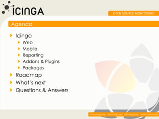 OPEN SOURCE MONITORING


Agenda

 Icinga
   Web
   Mobile
   Reporting
   Addons & Plugins
   Packages
 Roadmap
 What’s ne...