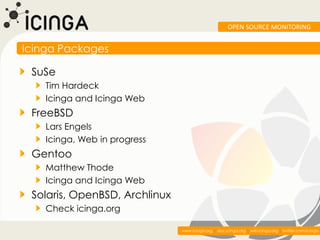 OPEN SOURCE MONITORING


Icinga Packages

 SuSe
    Tim Hardeck
    Icinga and Icinga Web
 FreeBSD
    Lars Engels
    Ici...