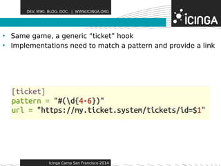 DEV. WIKI. BLOG. DOC. | WWW.ICINGA.ORG 
• Same game, a generic “tFicekaettu” rheosok 
• Implementations need to match a pattern and provide a link 
Icinga Camp San Francisco 2014 
 