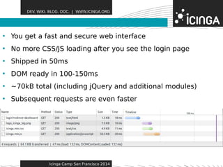 DEV. WIKI. BLOG. DOC. | WWW.ICINGA.ORG 
• You get a fast and secureF ewaetbu irnetesrface 
• No more CSS/JS loading after you see the login page 
• Shipped in 50ms 
• DOM ready in 100-150ms 
• ~70kB total (including jQuery and additional modules) 
• Subsequent requests are even faster 
Icinga Camp San Francisco 2014 
 
