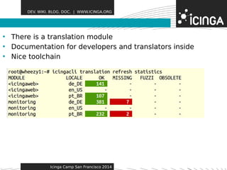 DEV. WIKI. BLOG. DOC. | WWW.ICINGA.ORG 
• There is a translation moFdeualetures 
• Documentation for developers and translators inside 
• Nice toolchain 
Icinga Camp San Francisco 2014 
 