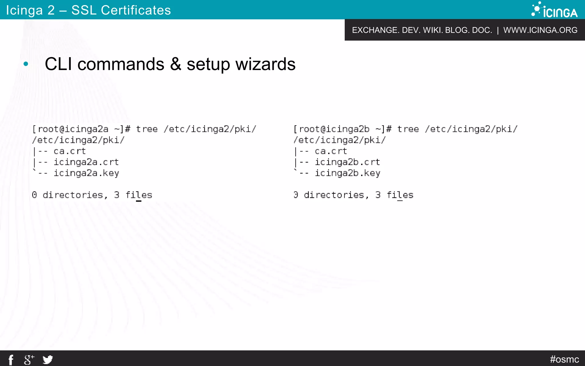EXCHANGE. DEV. WIKI. BLOG. DOC. | WWW.ICINGA.ORG
#osmc
Icinga 2 – SSL Certificates
• CLI commands & setup wizards
 