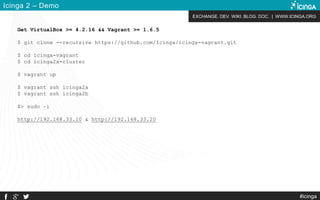 EXCHANGE. DEV. WIKI. BLOG. DOC. | WWW.ICINGA.ORG
#icinga
Icinga 2 – Demo
Get VirtualBox >= 4.2.16 && Vagrant >= 1.6.5
$ gi...